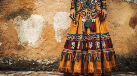 This stunning image showcases a vibrant traditional dress adorned with intricate patterns and textures, perfectly contrasted against a rustic wall.の素材