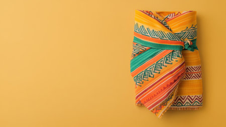 A colorful woven fabric with geometric patterns folded stylishly on a bright yellow surface, perfect for showcasing vibrant textile art and design.の素材