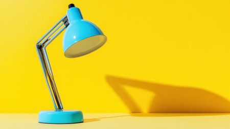 A bright blue desk lamp stands against a vibrant yellow background, creating a lively contrast. The shadow of the lamp adds depth, making this image ideal for themes of creativity and modern workspace inspiration.の素材