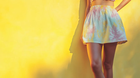 A young woman showcases a trendy and colorful summer outfit against a bright yellow background, exuding confidence and a cheerful vibe. Perfect for fashion inspiration.の素材
