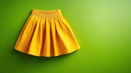 This image features a bright yellow skirt set against a solid green background, capturing a cheerful and vibrant fashion aesthetic suitable for spring.の素材