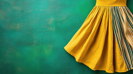 A vibrant yellow dress featuring a playful striped skirt, elegantly draped against a vivid green background, perfect for showcasing fashion and textile design.の素材