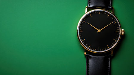 This image showcases an elegant black watch resting on a vibrant green background, highlighting its minimalist design and timeless appeal in fashion.の素材