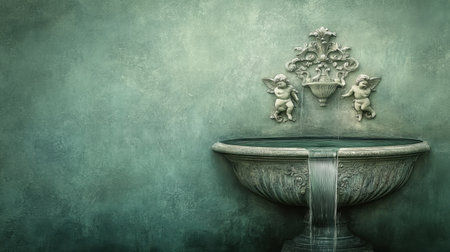 This stunning image features an elegant wall fountain adorned with cherubs, set against a beautifully textured green wall. The serene ambiance creates a perfect atmosphere for relaxation and decor.の素材