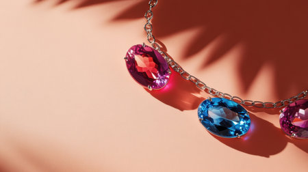 This captivating necklace features vibrant pink and blue gemstones, elegantly arranged to create a stunning visual impact against a soft pastel backdrop.の素材