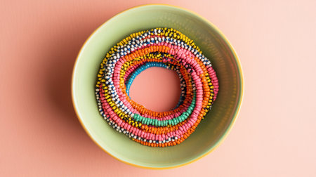 A vibrant display of colorful beads artistically arranged in a circular pattern inside a shallow dish, set against a soft pink background, perfect for craft enthusiasts.の素材