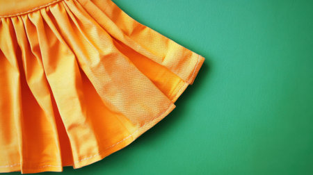 A close-up view of vibrant orange fabric with pleats set against a green background, capturing a playful and cheerful essence, ideal for fashion or design themes.の素材