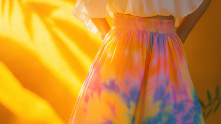 A stunning capture showcasing a colorful tie-dye skirt illuminated by vibrant sunlight, creating an artistic and cheerful mood in fashion photography.の素材