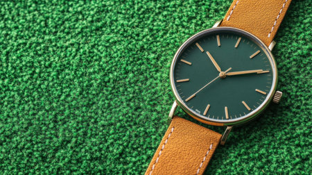 This elegant green watch features a smooth gold dial and a brown leather strap, set against a textured grass background. Perfect for fashion enthusiasts.の素材