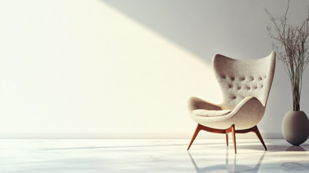 This image showcases a stylish mid-century armchair illuminated by natural light in a minimalist room, highlighting the elegance and comfort of modern design.の素材