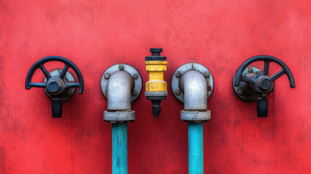 A captivating image of industrial water pipes and valves on a bold red wall, highlighting essential urban infrastructure and mechanical details.の素材