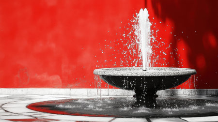This stunning image showcases an elegant fountain with water cascading gently, contrasting beautifully against a bold red wall, ideal for urban garden themes.の素材