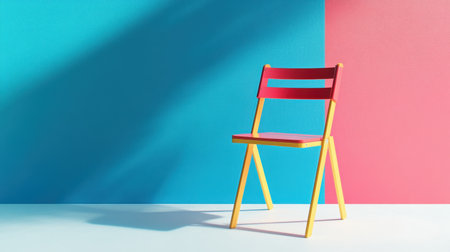 A striking minimalist chair in vibrant colors stands alone against a bright blue and pink backdrop, showcasing modern design and aesthetic appeal.の素材