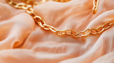 An elegant gold chain rests gracefully on soft silk fabric, creating a luxurious feel. The gentle drapes add warmth and sophistication to this stunning composition.の素材