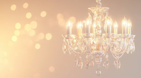 This stunning crystal chandelier showcases intricate design and warm glowing light. Its bokeh background enhances the luxurious ambiance, perfect for elegant spaces.の素材
