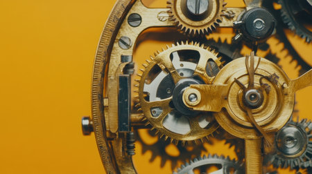 This captivating close-up image showcases a vintage clock mechanism with intricately arranged gears and springs on a bright yellow background, highlighting detailed craftsmanship.の素材
