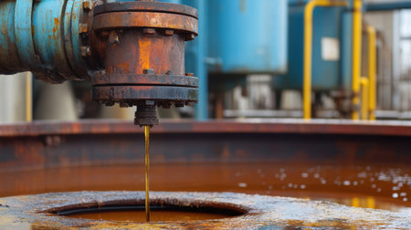Industrial scene featuring a pipeline valve releasing liquid into a large tank within a factory. The image highlights rusty equipment and metal pipes, showcasing the inner workings of industrial processes.の素材