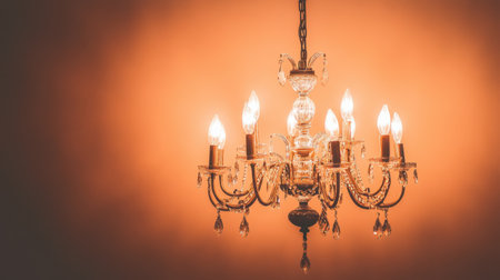 A stunning crystal chandelier hangs gracefully from the ceiling, providing a warm and inviting glow. Perfect for adding elegance to any interior space.の素材