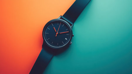 A modern black watch lies on a striking orange and teal background, showcasing elegant design and sophisticated style ideal for fashion enthusiasts.の素材