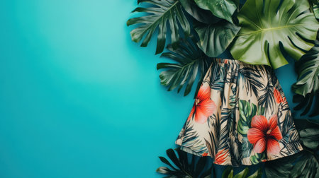 This vibrant image showcases colorful floral shorts nestled among lush green leaves against a bright blue background, perfect for summer fashion.の素材