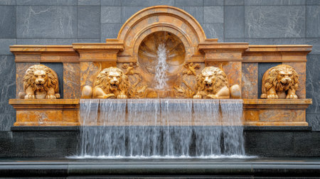 This stunning lion fountain features intricate carvings and a cascading water flow, providing a serene atmosphere in an urban environment.の素材