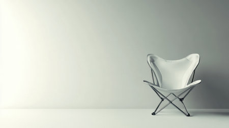 A stylish white butterfly chair sits gracefully against an empty wall, embodying modern minimalist design. The natural light adds a serene aura, perfect for relaxation.の素材
