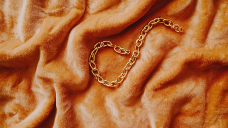 A stunning gold chain rests gracefully on soft orange velvet, creating a harmonious blend of luxury and texture. Ideal for fashion and jewelry themes.の素材