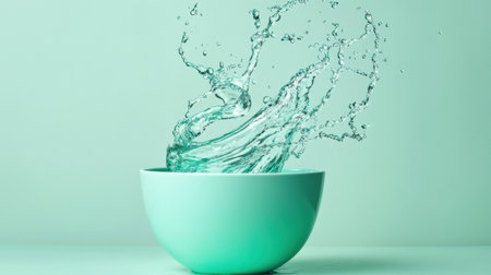 A captivating image showcasing a dynamic splash of water emerging from a mint green bowl, set against a soft mint background, evoking freshness and vibrancy.の素材