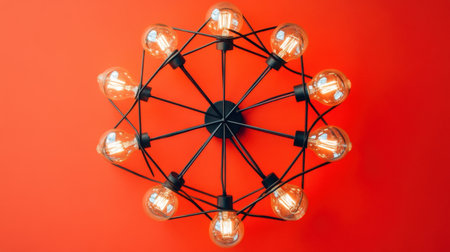 A striking modern chandelier featuring multiple bulbs on a geometric metal frame, set against a vibrant red wall, perfect for contemporary interior spaces.の素材