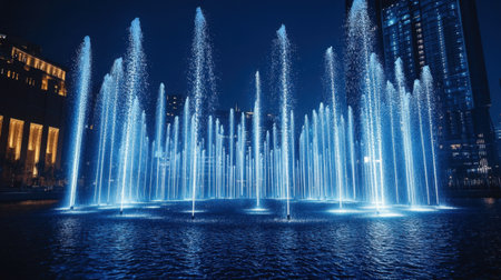 Experience a stunning nighttime fountain show that captivates viewers with its vibrant lights and serene water sprays, set against a modern city skyline.の素材
