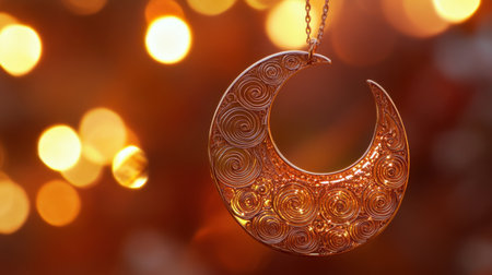 This captivating pendant showcases a crescent moon design with intricate swirls, perfectly set against a warm bokeh background, ideal for jewelry lovers.の素材
