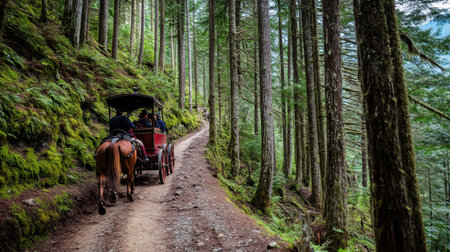 Experience the enchanting allure of a horse-drawn carriage ride through a serene forest pathway, surrounded by towering trees and lush greenery.の素材
