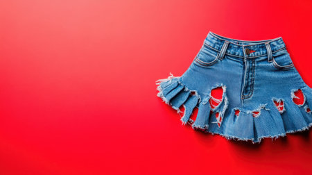 A stylish distressed denim skirt featuring frayed edges and a unique design, set against a bold red background, ideal for fashion retailers and blogs.の素材