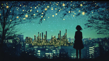 A young girl stands in silhouette, captivated by a vibrant city skyline illuminated by soft glowing lights under a magical starry sky.の素材