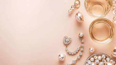 This captivating image features an elegant arrangement of rose gold jewelry pieces alongside sparkling gems, all set against a soft, minimalistic background.の素材