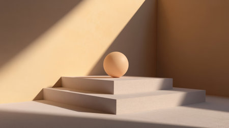 A minimalist scene featuring a soft sphere elegantly balanced atop a simple pedestal with multi-step design, bathed in warm light and long shadows.の素材
