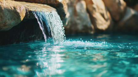 A serene waterfall flows gently into a tranquil pool, surrounded by natural stone elements. This peaceful outdoor scene captures the essence of relaxation and harmony with nature.の素材