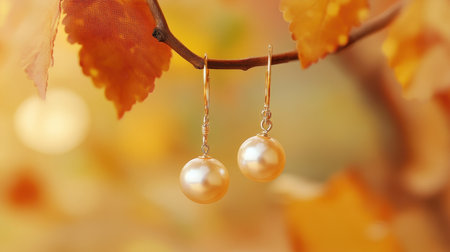 A stunning pair of pearl earrings hanging gracefully from a slender branch amidst warm autumn leaves, exuding elegance and charm in a soft glowing atmosphere.の素材