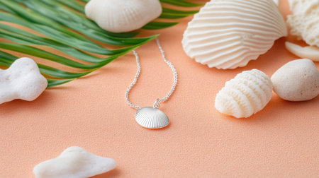 A delicate silver necklace featuring a shell-shaped pendant, artistically arranged with seashells and tropical leaves on a sandy surface, embodying coastal elegance.の素材