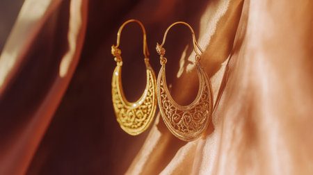This stunning image showcases a pair of intricate golden earrings elegantly suspended against a soft backdrop, exuding luxury and elegant style.の素材