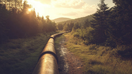 A stunning view of a long pipeline stretching through a tranquil forest landscape at sunset, surrounded by lush greenery and distant mountains.の素材