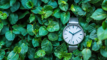 A sleek and minimalist watch nestled among lush green leaves, symbolizing the harmony between nature and time. Perfect for lifestyle or fashion themes.の素材