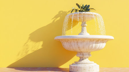 This elegant white fountain features flowing water and a serene atmosphere, set against a vibrant yellow wall, enhancing outdoor aesthetics and relaxation.の素材