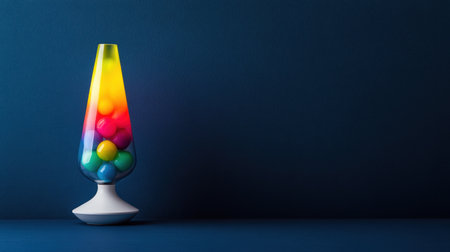 A captivating retro lamp with vibrant lights and colorful spherical objects, set against a deep blue background, creates a unique visual texture and mood.の素材