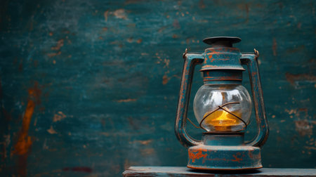 This captivating image features a vintage lantern, softly glowing with warm light. Set against a textured blue and green background, it evokes feelings of nostalgia and simplicity. Perfect for projects that aim to highlight rustic charm and warmth.の素材