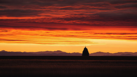 A stunning sunset view showcases vibrant colors fading over distant mountains, featuring a solitary tree silhouette in the foreground, embodying tranquility.の素材