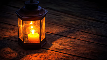 A beautifully crafted lantern with a glowing candle sits on a wooden table, creating a warm atmosphere that invites relaxation and reflection at night.の素材