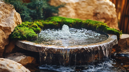 A serene garden fountain featuring a water flow amidst natural stone and lush moss, creating a peaceful atmosphere in an outdoor oasis.の素材