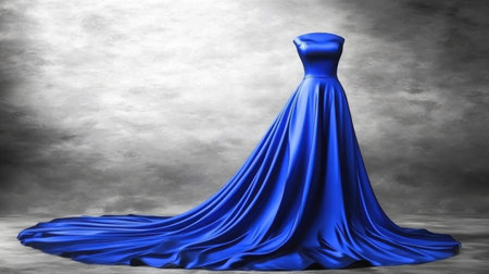 This elegant blue satin gown is displayed on a mannequin with a soft gray background, perfect for capturing the essence of fashion and style in promotional materials.の素材