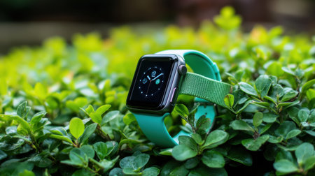 A vibrant green smartwatch rests on lush green leaves, showcasing the harmony between technology and nature. Perfect for lifestyle and tech themes.の素材